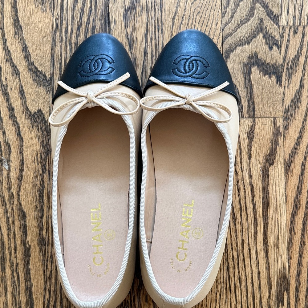 Two-Tone Beige and Black Flats